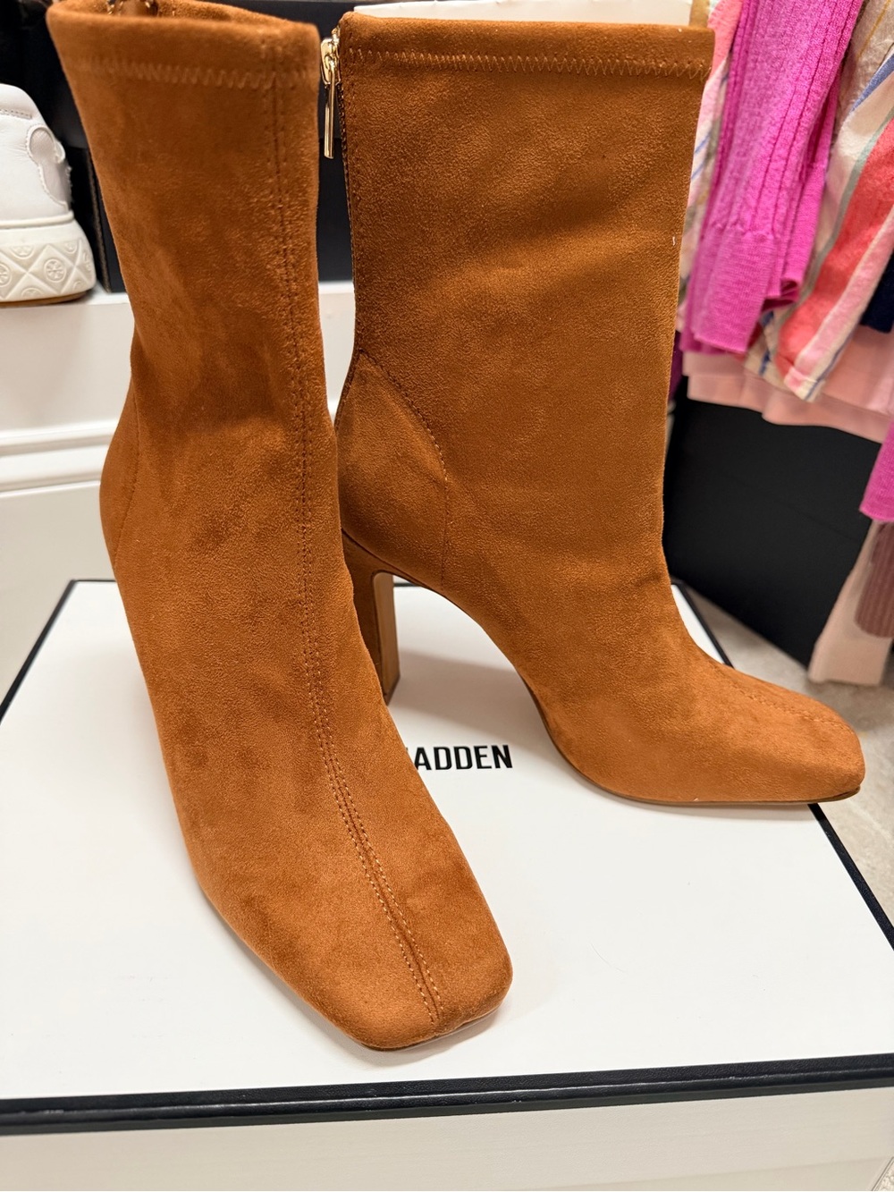 NEW Steve Madden Cognac Suede Mid-Calf Block Heel Boots